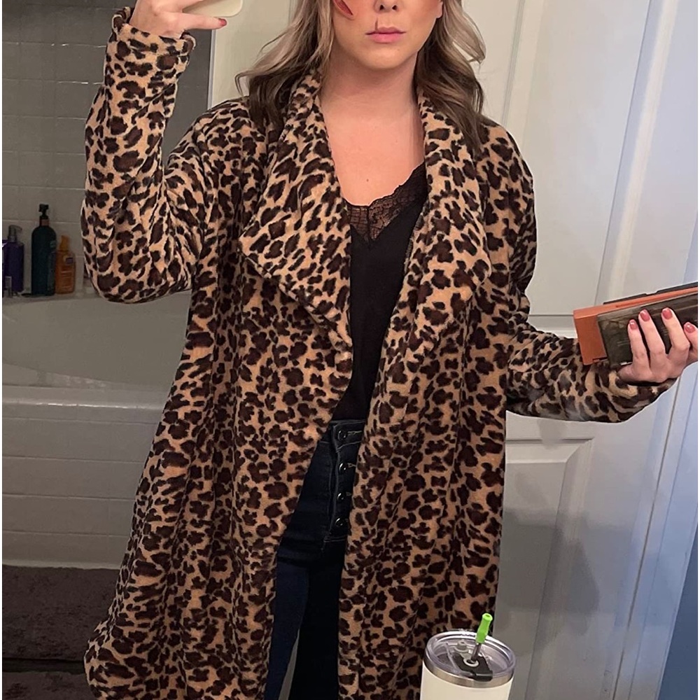 Women's Warm Open Front Faux Fur Lapel Leopard Print Jacket coat